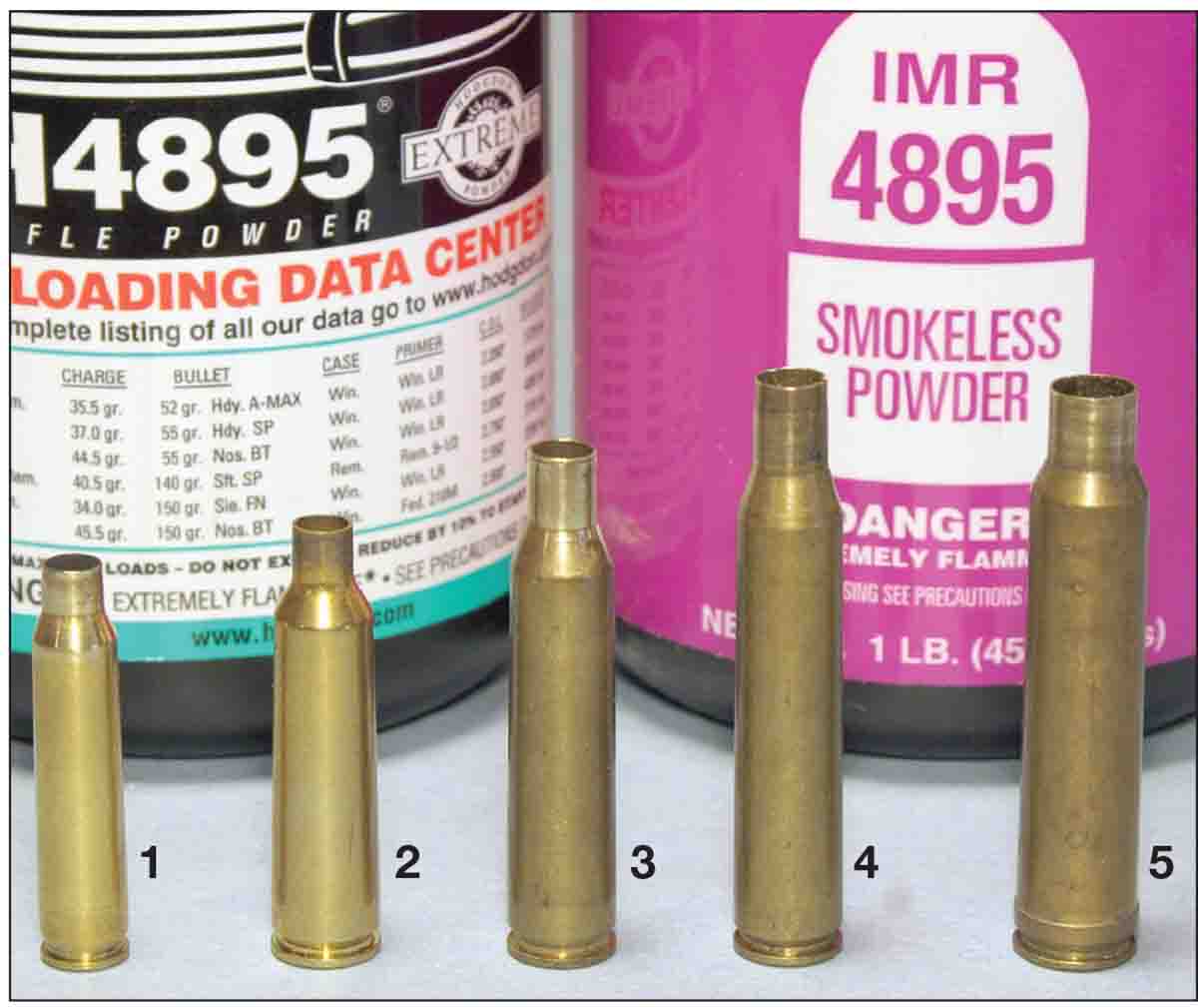 Charges of H-4895 and IMR-4895 can produce fine accuracy for reduced loads in cartridges including: (1) .223 Remington, (2) .22-250 Remington, (3) .257 Roberts, (4) .270 Winchester and (5) .338 Winchester Magnum.